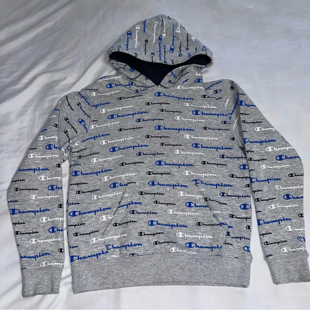 Champion Gray Hoodie with Blue Logo Pattern